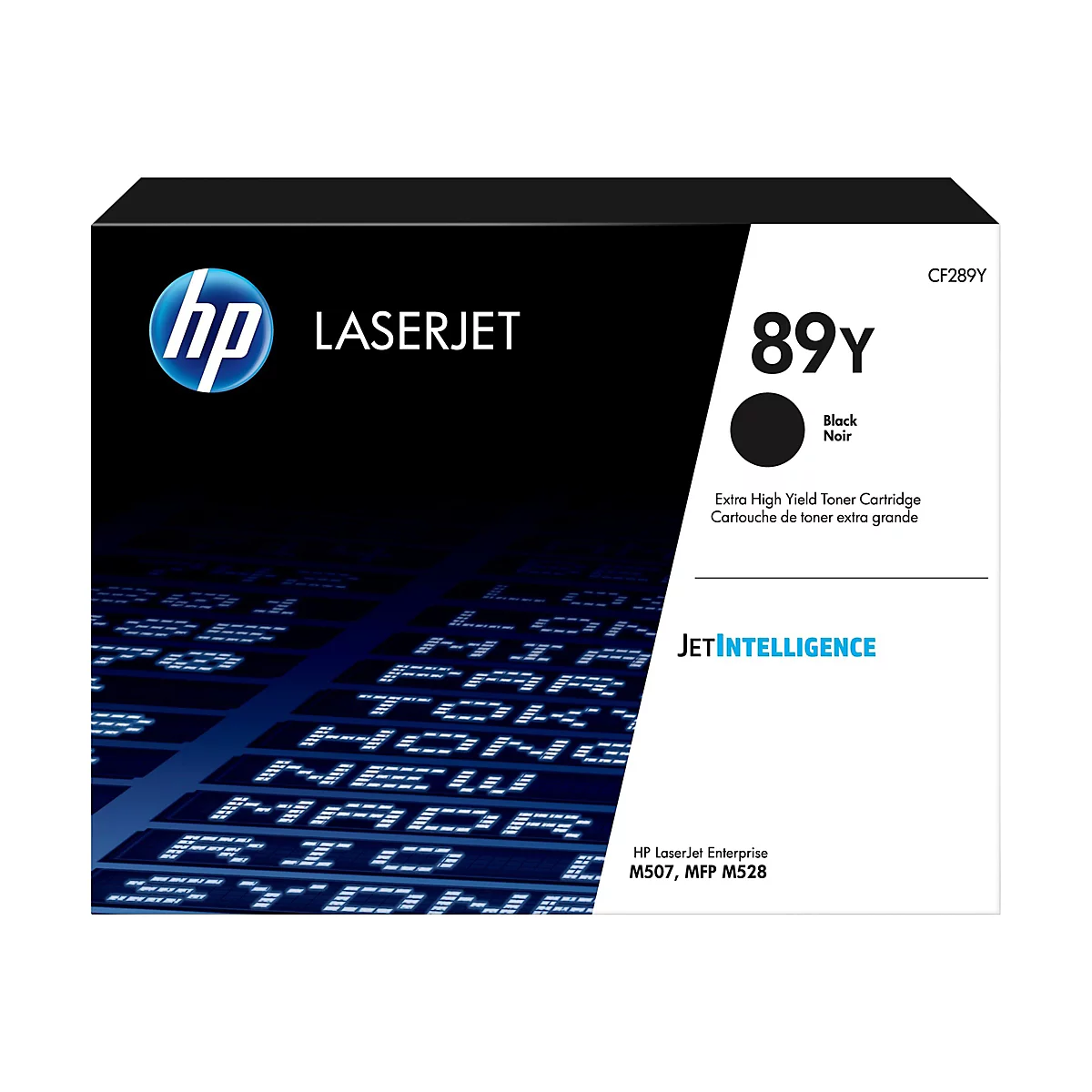 Schwarze HP 89Y Laserjet Tonerkartusche. Auf der Verpackung steht "Black Noir" und "Extra High Yield Toner Cartridge".