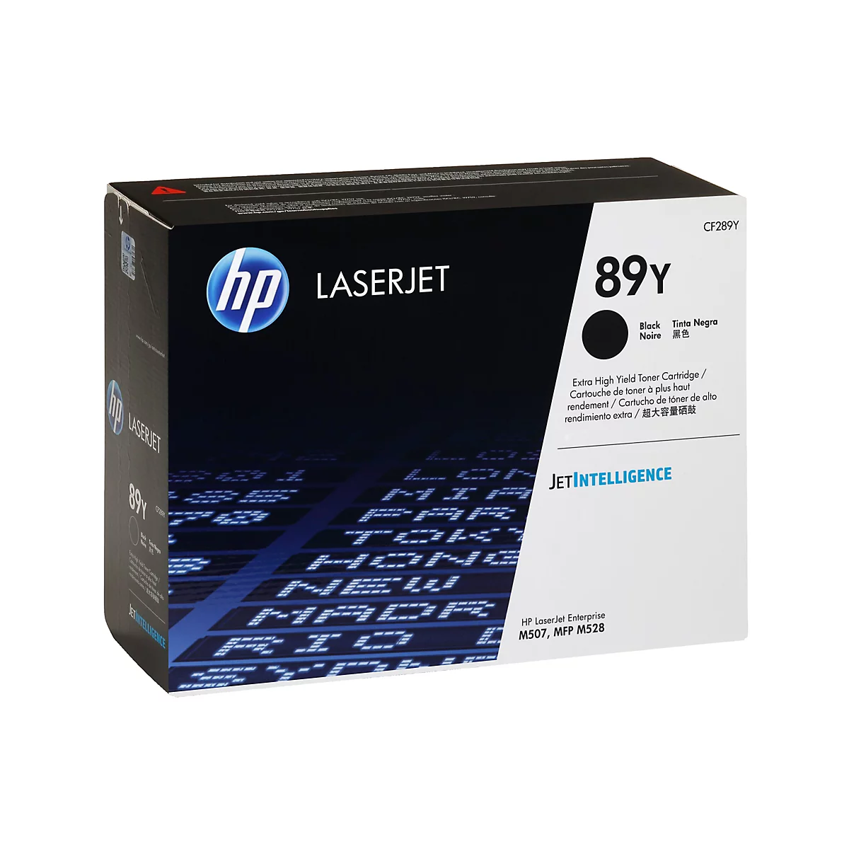 Schwarze Tonerkartusche HP 89Y in der Originalverpackung. Der Karton ist dunkelblau mit weißer Beschriftung, einschließlich HP Logo und Produktbezeichnung.