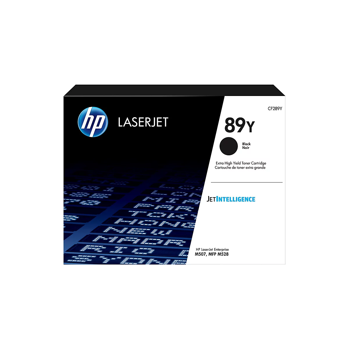 Schwarze HP Toner Kartusche, Aufdruck 89Y, schwarz. Aufschrift LaserJet, HP Logo, Text: Extra High Yield Toner Cartridge.