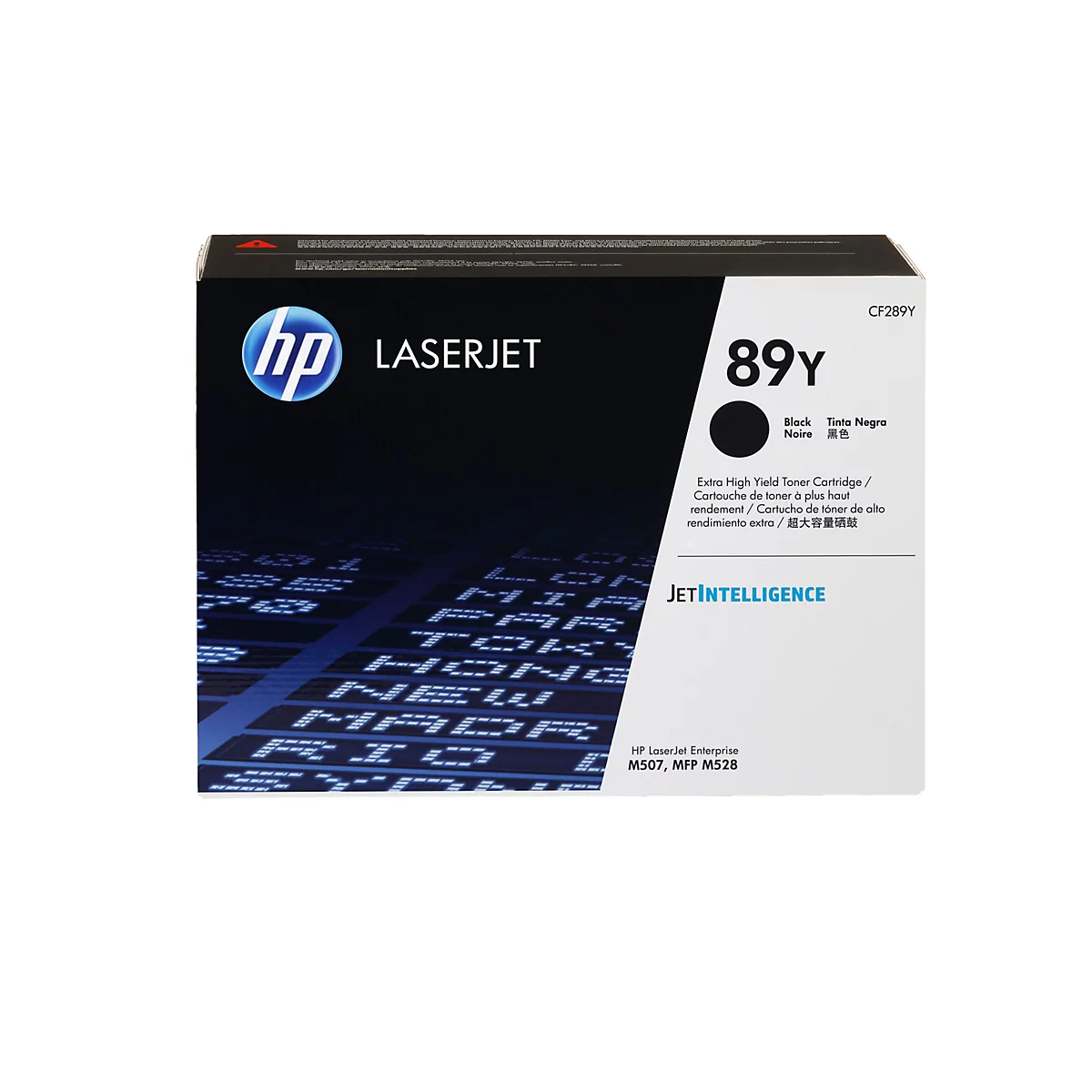 Schwarze HP LaserJet Tonerpatrone, Verpackung mit Produktinformationen und Logo.