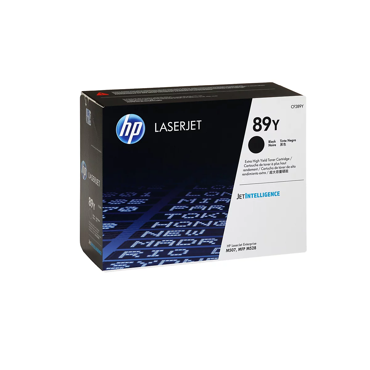 Schwarze HP LaserJet Toner-Kartusche 89Y. Aufdrucke wie 'LASERJET' und '89Y' sowie Logos sind zu sehen.