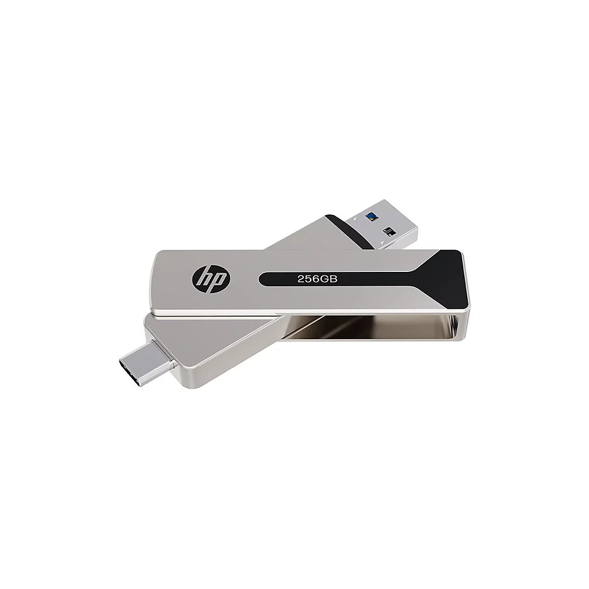 Clé USB HP argentée avec 256 Go de stockage, connecteur USB-C et USB-A.