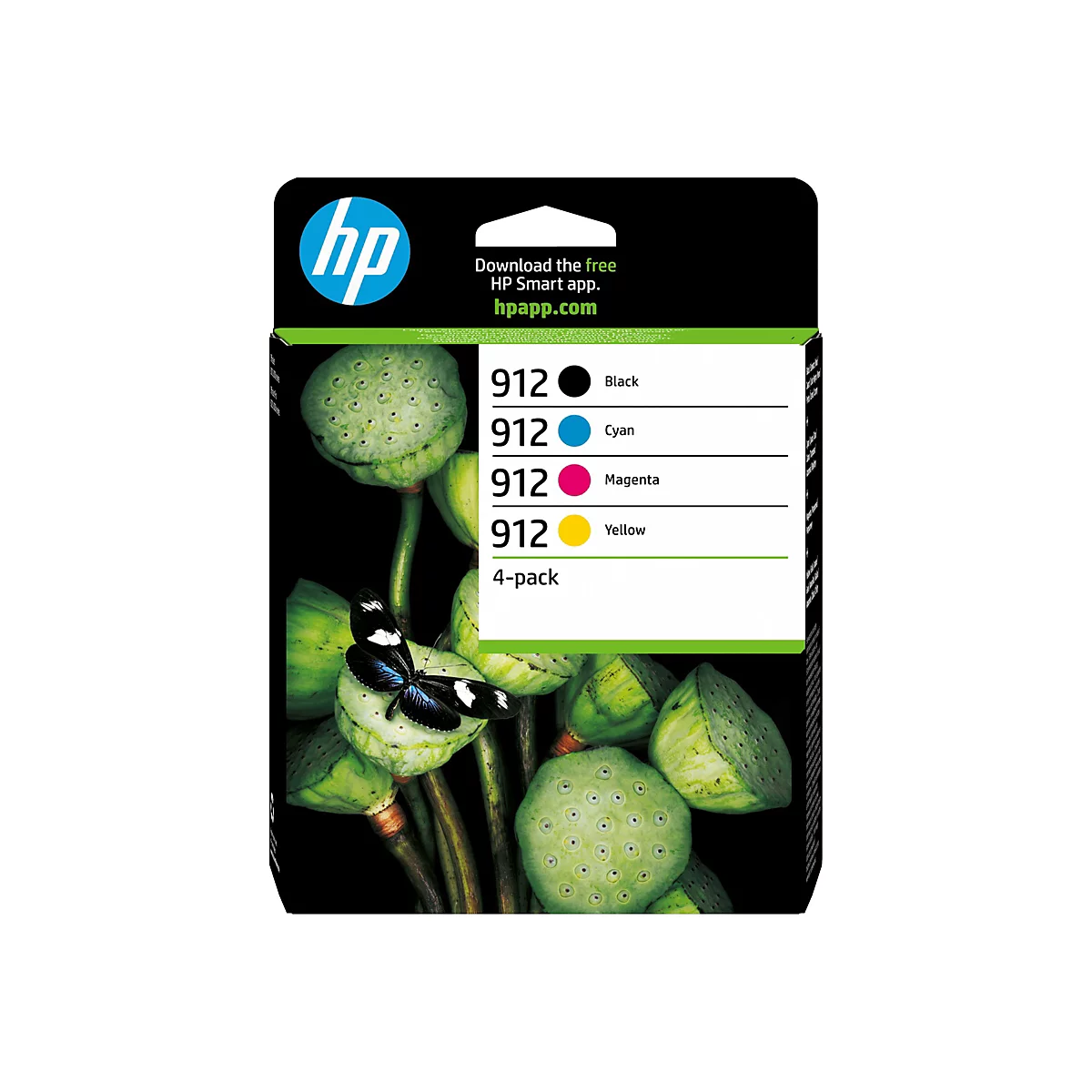 HP Druckerpatronen-Packung mit Farbbezeichnungen und Logo, dahinter eine Naturaufnahme mit Seerosenkapseln.