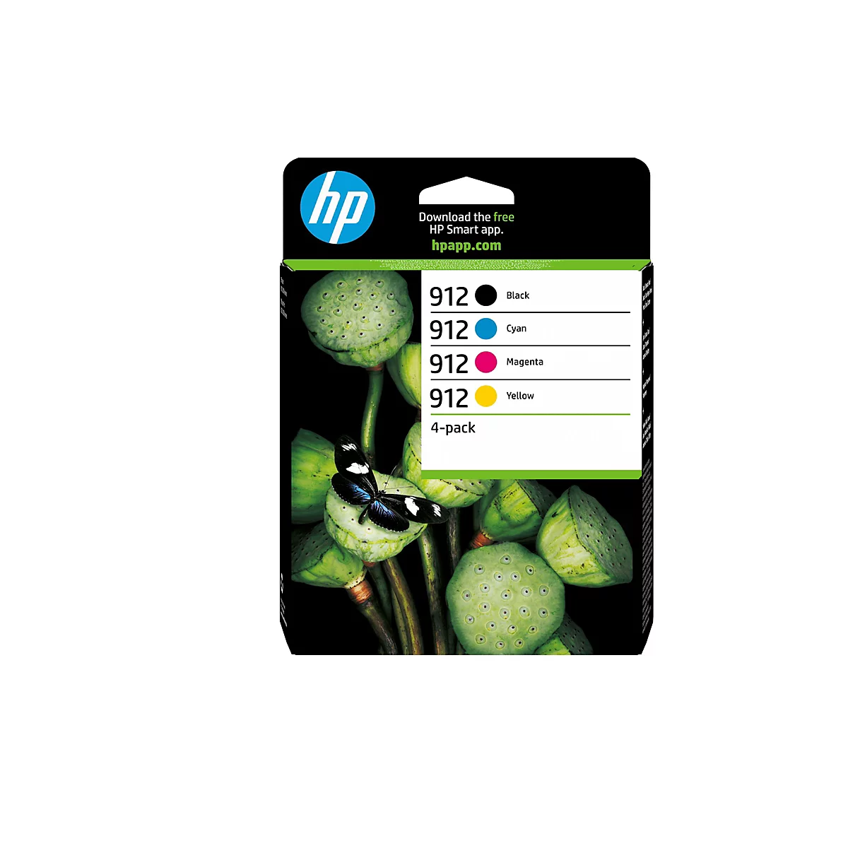 Ein HP-Tintenpatronen-Pack mit der Nummer 912, abgebildet vor einem Hintergrund mit grünen Lotusblüten und einem Schmetterling.