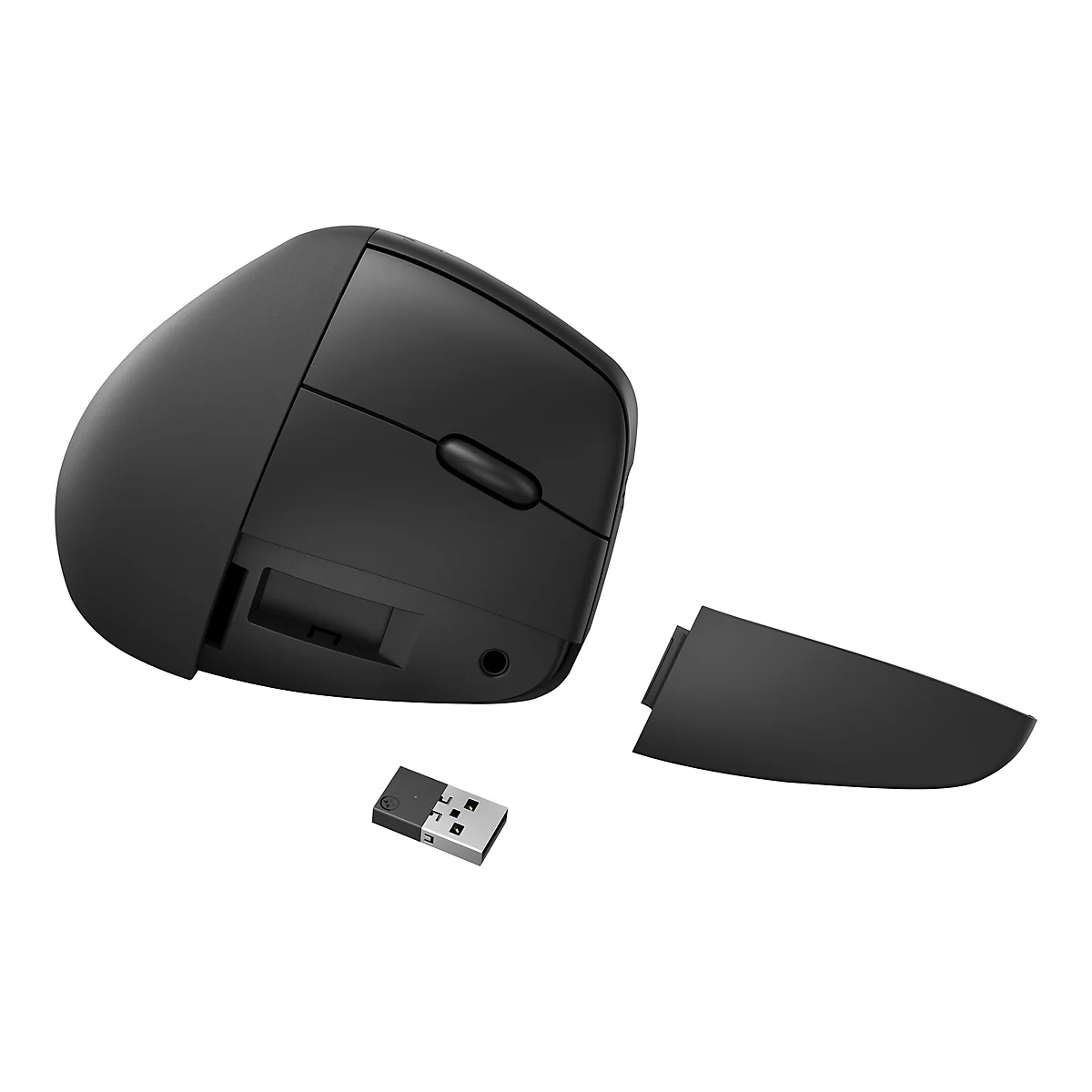 Schwarze ergonomische Maus mit abgenommenem Seitenteil und USB-Empfänger.