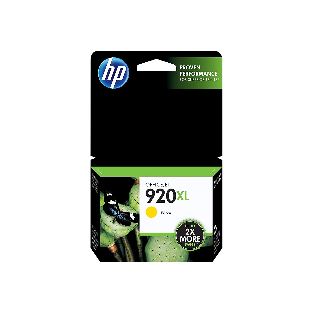 Gelbe HP OfficeJet 920XL Tintenpatrone, verpackt in einer Packung mit blauem HP-Logo, Text "PROVEN PERFORMANCE" und dem Hinweis "Up to 2x more pages".