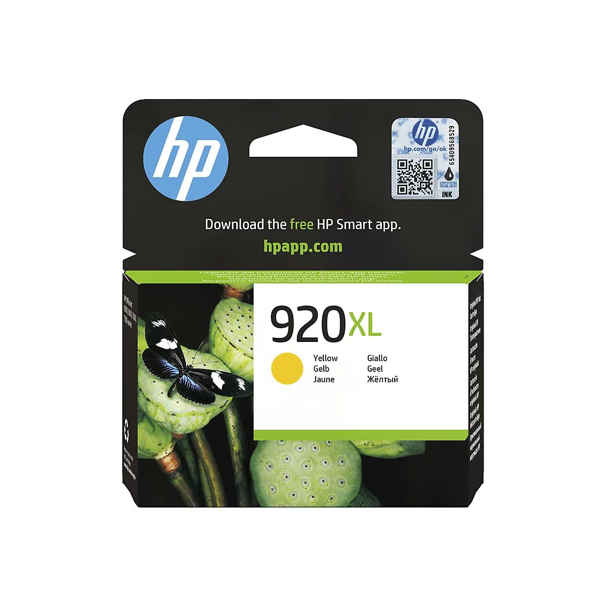 Gelbe Tintenpatrone HP 920XL. Aufdruck: HP Logo, 920XL, Yellow, Gelb, Jaune, Giallo, Geel, Ð–Ñ‘Ð»Ñ‚Ñ‹Ð¹.