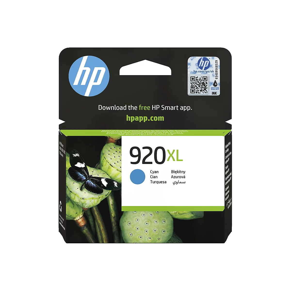 Eine HP 920XL Cyan Tintenpatrone, abgebildet vor einem Hintergrund von Lotusblüten und einem Schmetterling. Auf der Verpackung befinden sich das HP Logo und der Schriftzug "920XL".