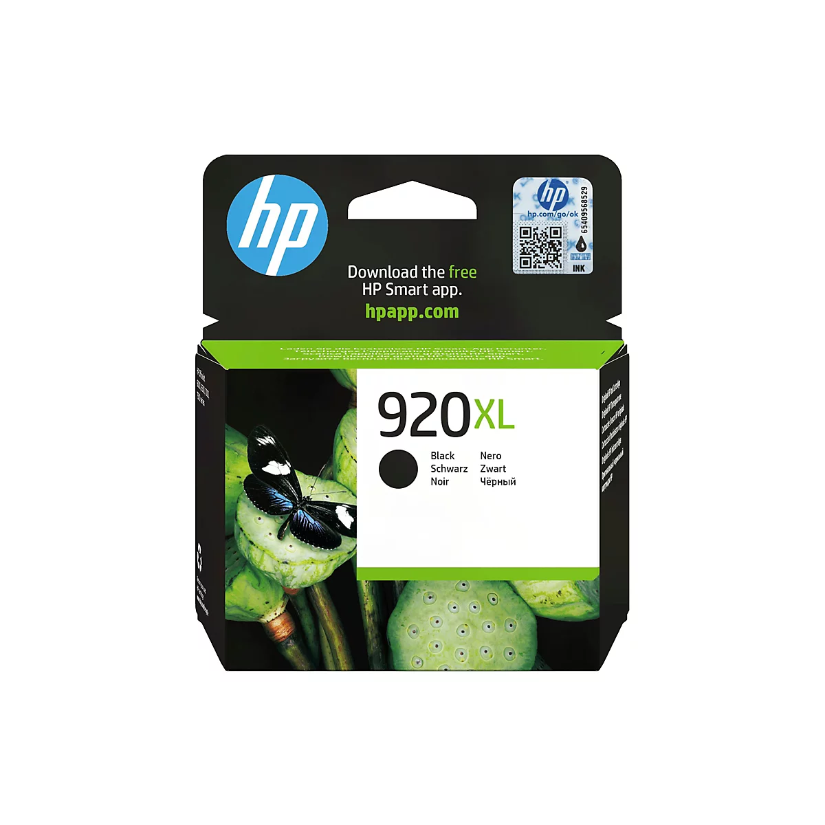 Schwarze Tintenpatrone der Marke HP. Auf der Verpackung sind ein Schmetterling und ein Lotus abgebildet. Weitere Details sind das Markenlogo und die Aufschrift "920XL".
