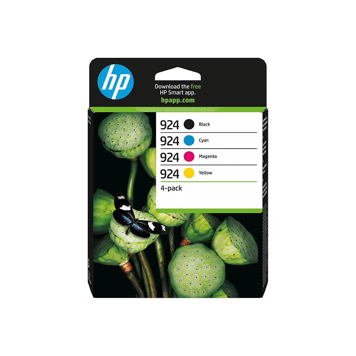 HP Tintenpatronen-Packung vor botanischem Hintergrund mit Schmetterling. Auf der Packung stehen die Tintenfarben und die HP-Logo.