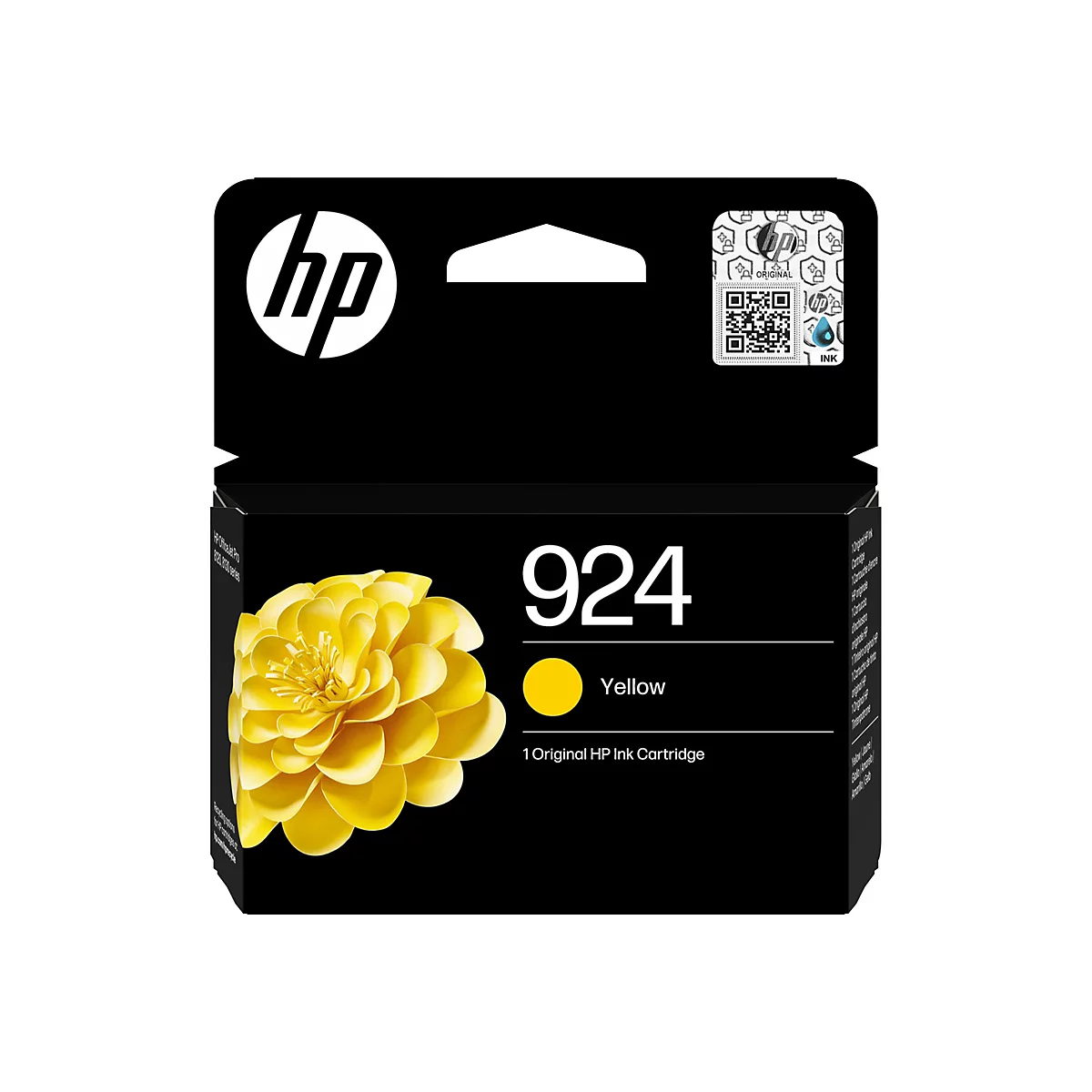 Eine schwarze HP-Tintenpatronenverpackung mit der Aufschrift 924 Yellow, einem gelben Punkt und einer gelben Blüte.