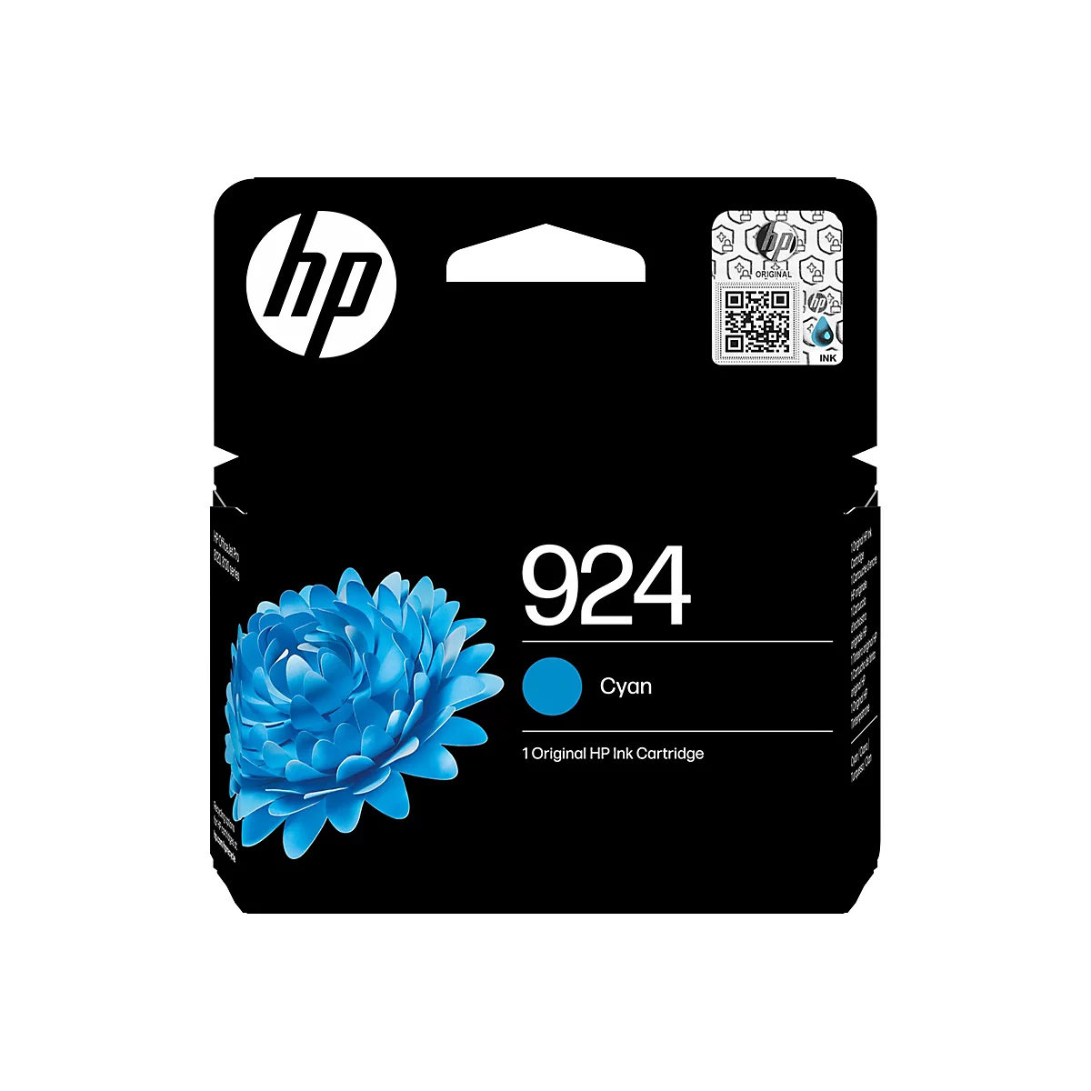 Schwarze HP-Tintenpatrone mit einer Illustration einer blauen Blume, der Aufschrift "924 Cyan" und dem HP-Logo.
