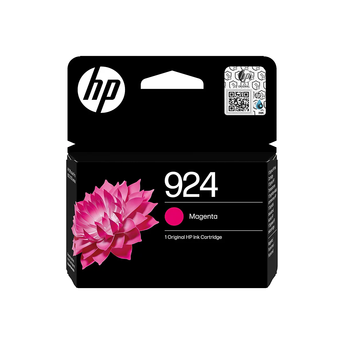 Schwarzer Tintenpatronen-Karton mit HP-Logo, der Aufdruck lautet 924 Magenta. Unten links ist eine pinke Blüte abgebildet.