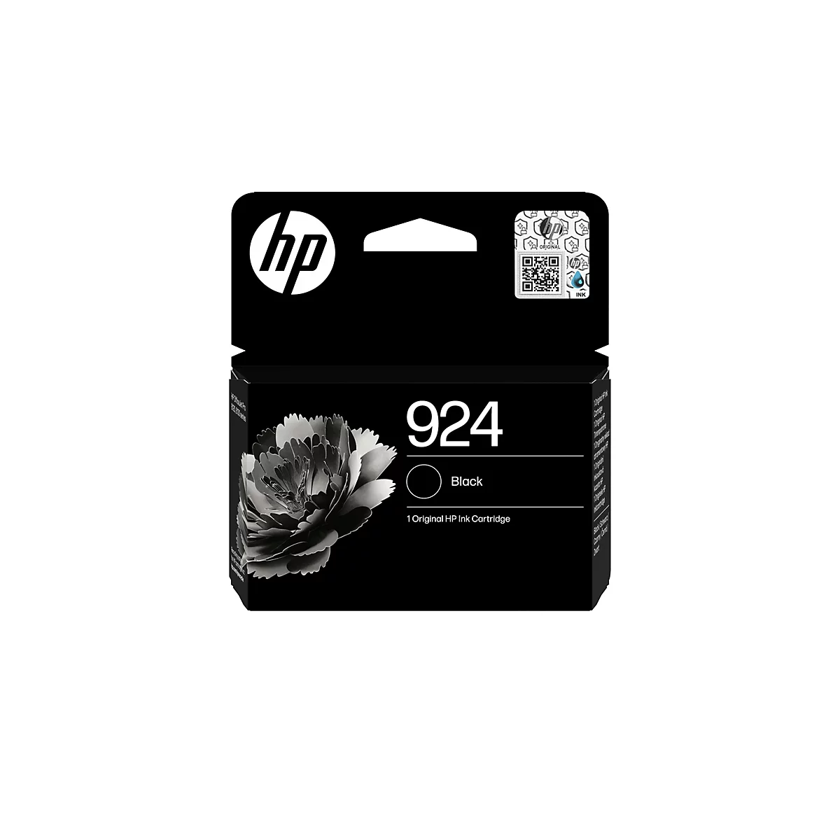 Cartouche d'encre noire HP 924. L'emballage est noir avec une image de fleur en niveaux de gris. Le texte sur l'emballage indique "924 Black" et "1 Original HP Ink Cartridge".
