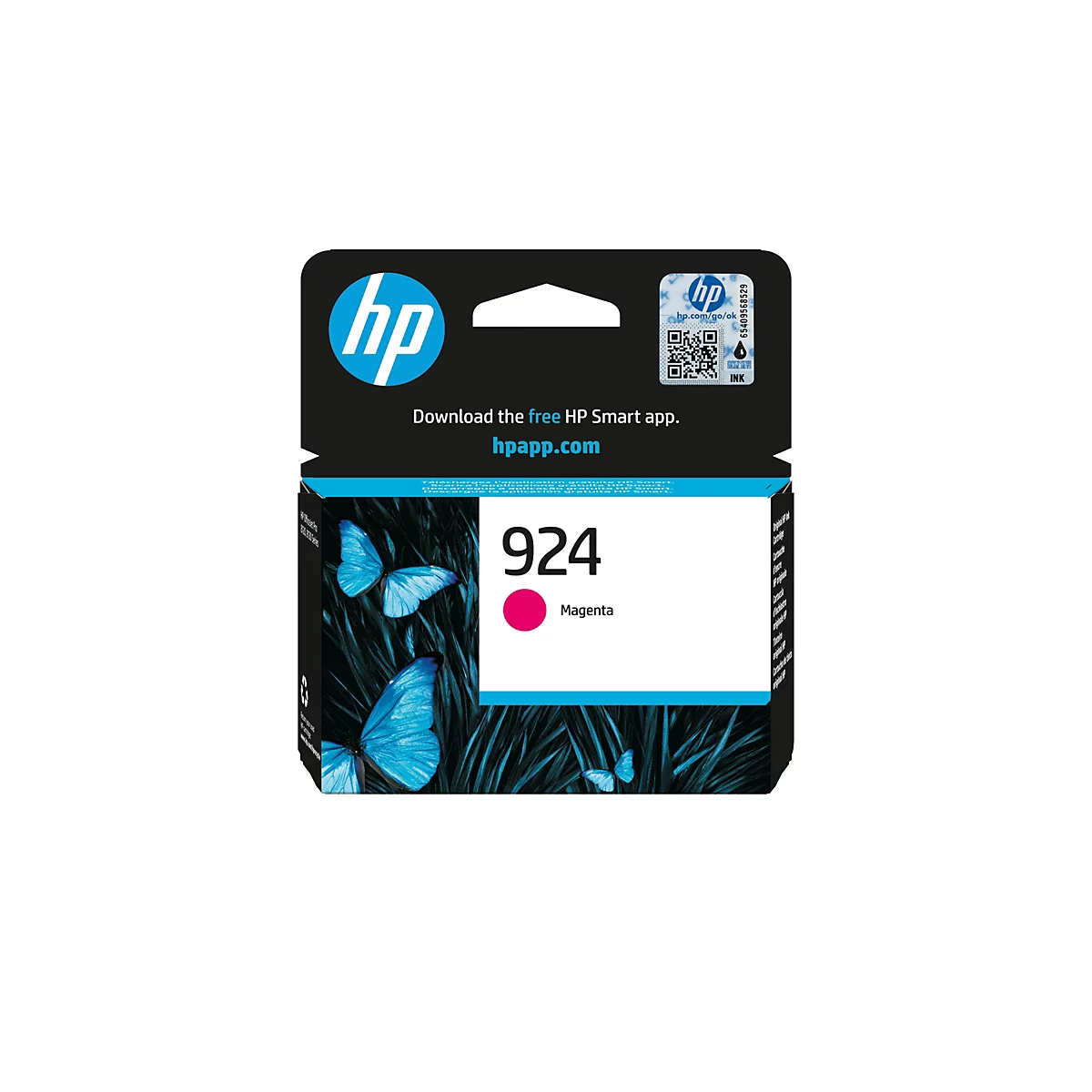 Eine HP Tintenpatrone, die 924 Magenta-Tinte enthält. Auf der Verpackung befindet sich das HP Logo und der Hinweis auf die HP Smart App.