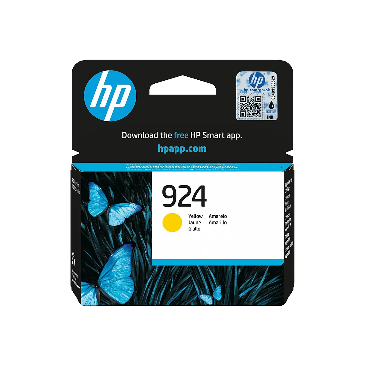 Cartouche d'encre jaune HP 924 avec des papillons, texte en plusieurs langues.