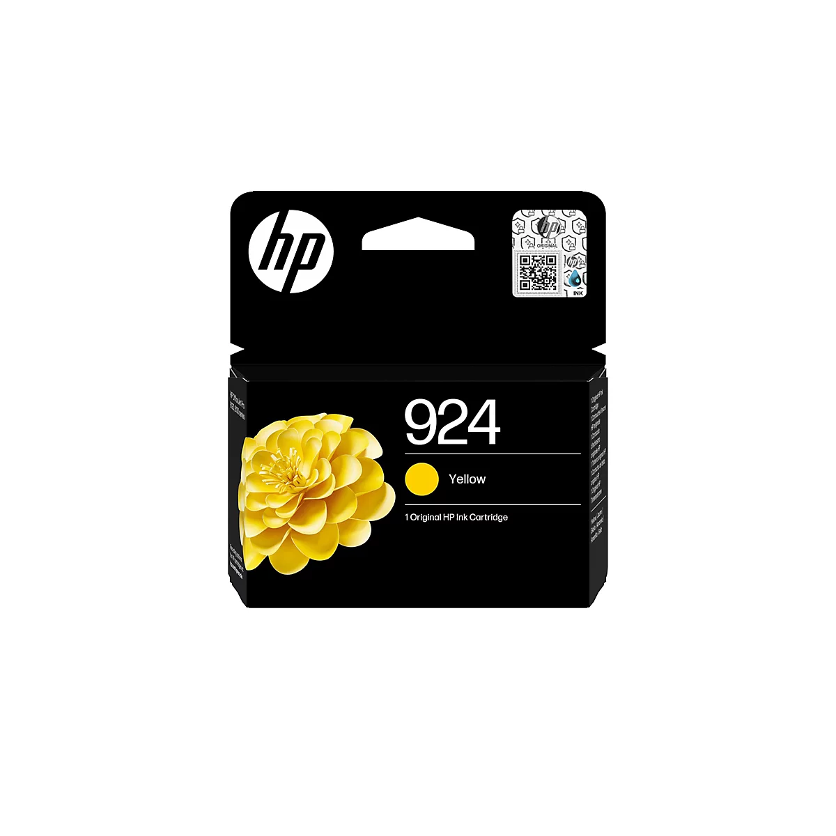 Boîte de cartouche d'encre noire avec logo HP, texte et une fleur jaune.