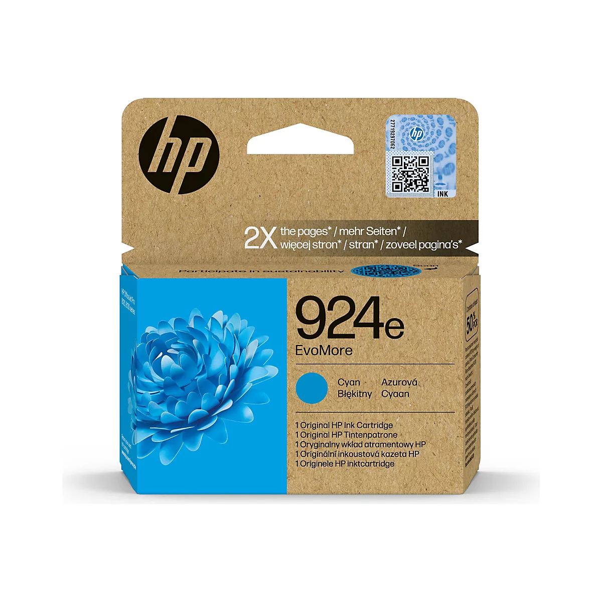 Eine HP Tintenpatronen-Verpackung, Cyan-Tinte, mit Logo, Text und QR-Code.