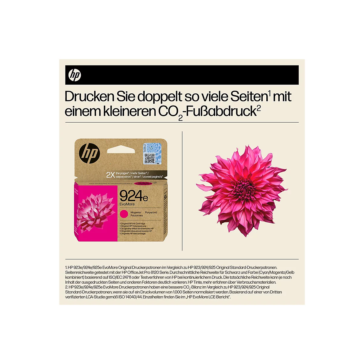 Bild zeigt eine HP Tintenpatrone, daneben eine pinke Dahlie. Text: Drucken Sie doppelt so viele Seiten mit einem kleineren CO2-Fußabdruck.