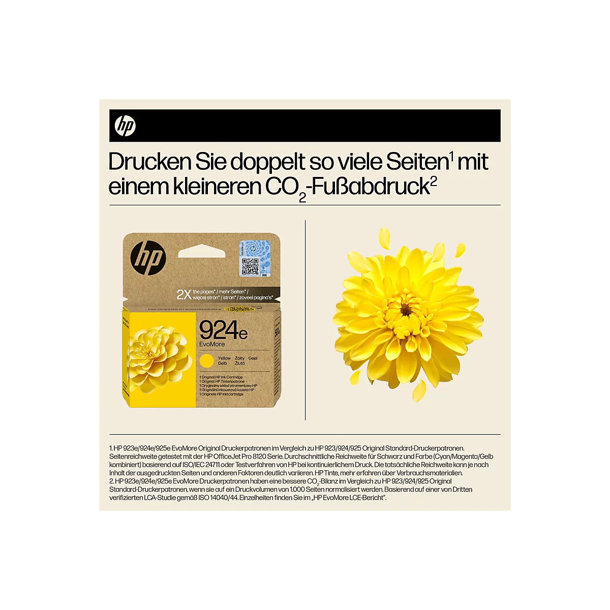 Eine gelbe HP 924e EvoMore Tintenpatrone neben einer gelben Blume und Text.