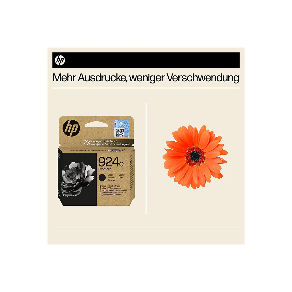 Eine HP Tintenpatrone mit einer orangefarbenen Gerbera-Blume, vor einem cremefarbenen Hintergrund.