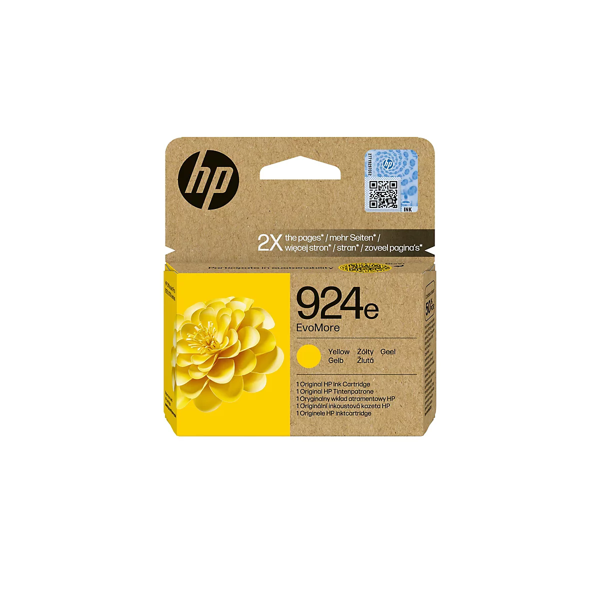 Une cartouche d'encre jaune HP 924e. L'emballage présente le logo HP, les désignations de produits et une image d'une fleur jaune.