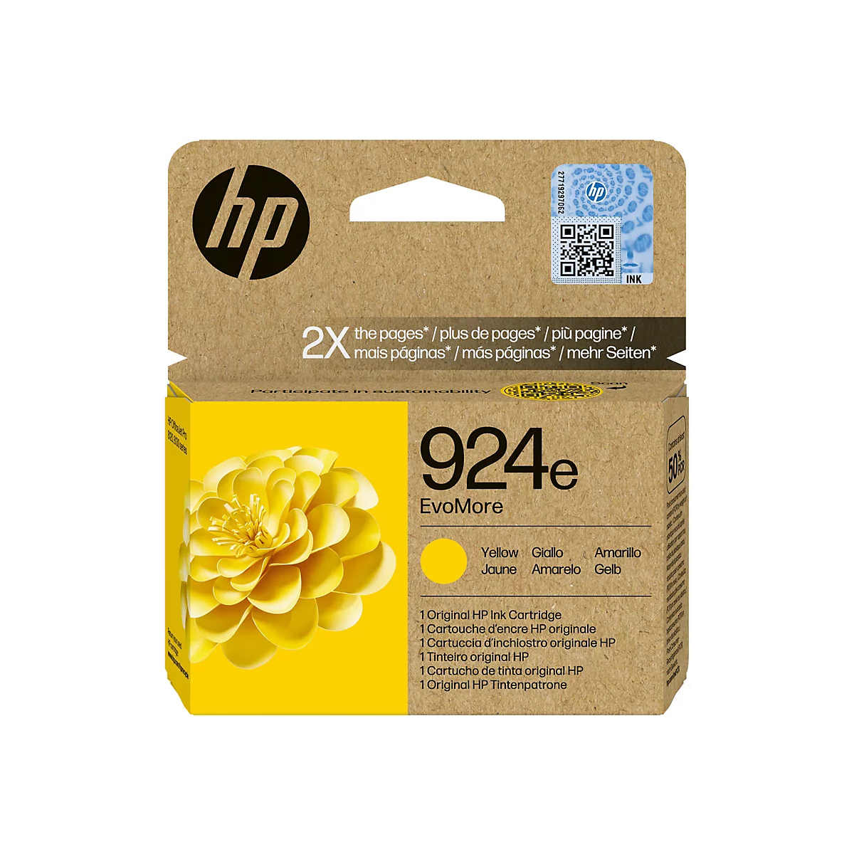 Eine HP Tintenpatrone, gelb, auf einem weißen Hintergrund. Auf der Verpackung befindet sich das HP Logo und die Aufschrift 924e EvoMore.