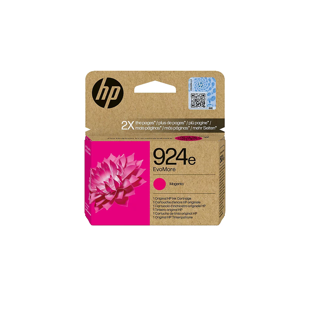 Une cartouche d'encre HP dans une boîte. La boîte présente le logo HP, les désignations de produit et la couleur magenta. Une fleur est représentée sur l'emballage.
