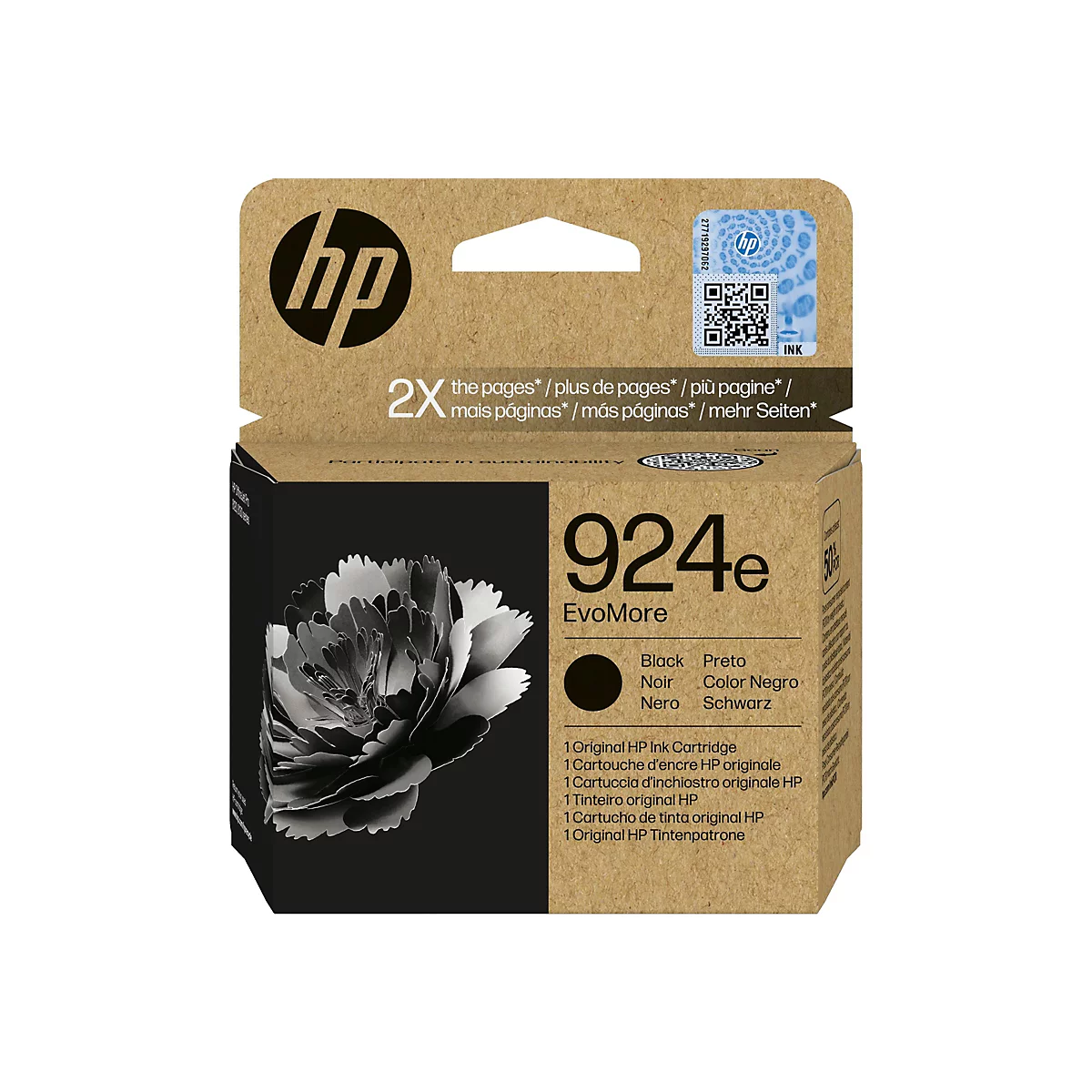 Cartouche d'encre noire HP 924e. L'emballage comporte le logo HP, du texte et un code QR. L'emballage comporte une fleur en niveaux de gris.