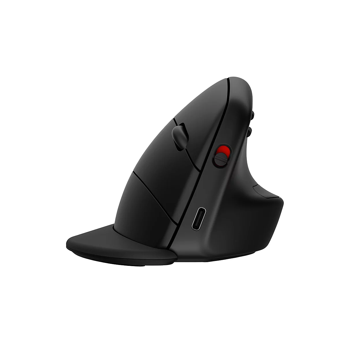 Schwarze, ergonomische Vertikalmaus. Sichtbar sind Maustasten, ein rotes Scrollrad und ein USB-C-Anschluss.