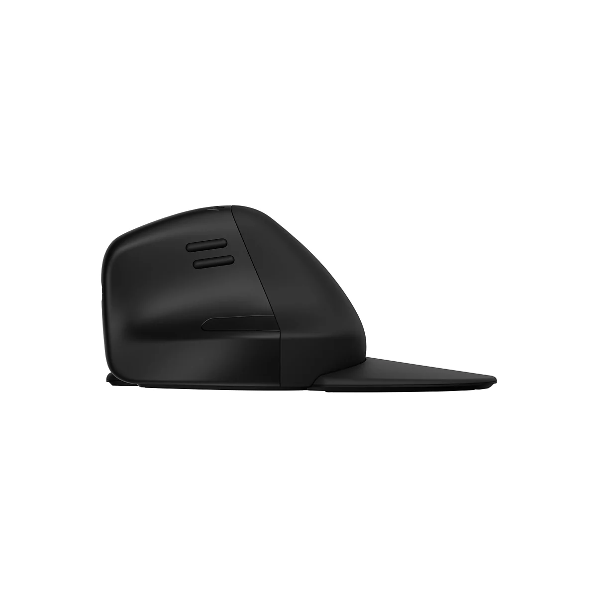 Schwarze vertikale ergonomische Maus in der Seitenansicht vor weißem Hintergrund.