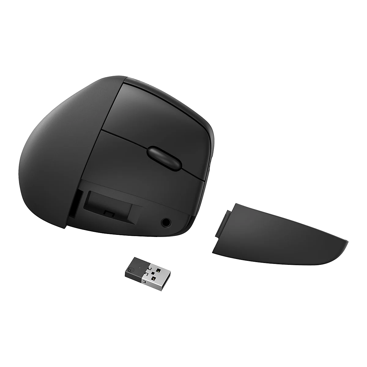 Schwarze ergonomische Maus mit abgenommenem Seitenteil und USB-Empfänger.
