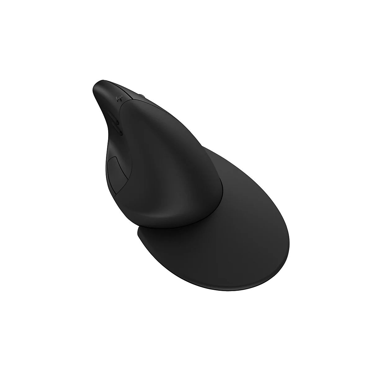Schwarze, ergonomische Vertikal-Maus mit integrierter Handballenauflage vor weißem Hintergrund.
