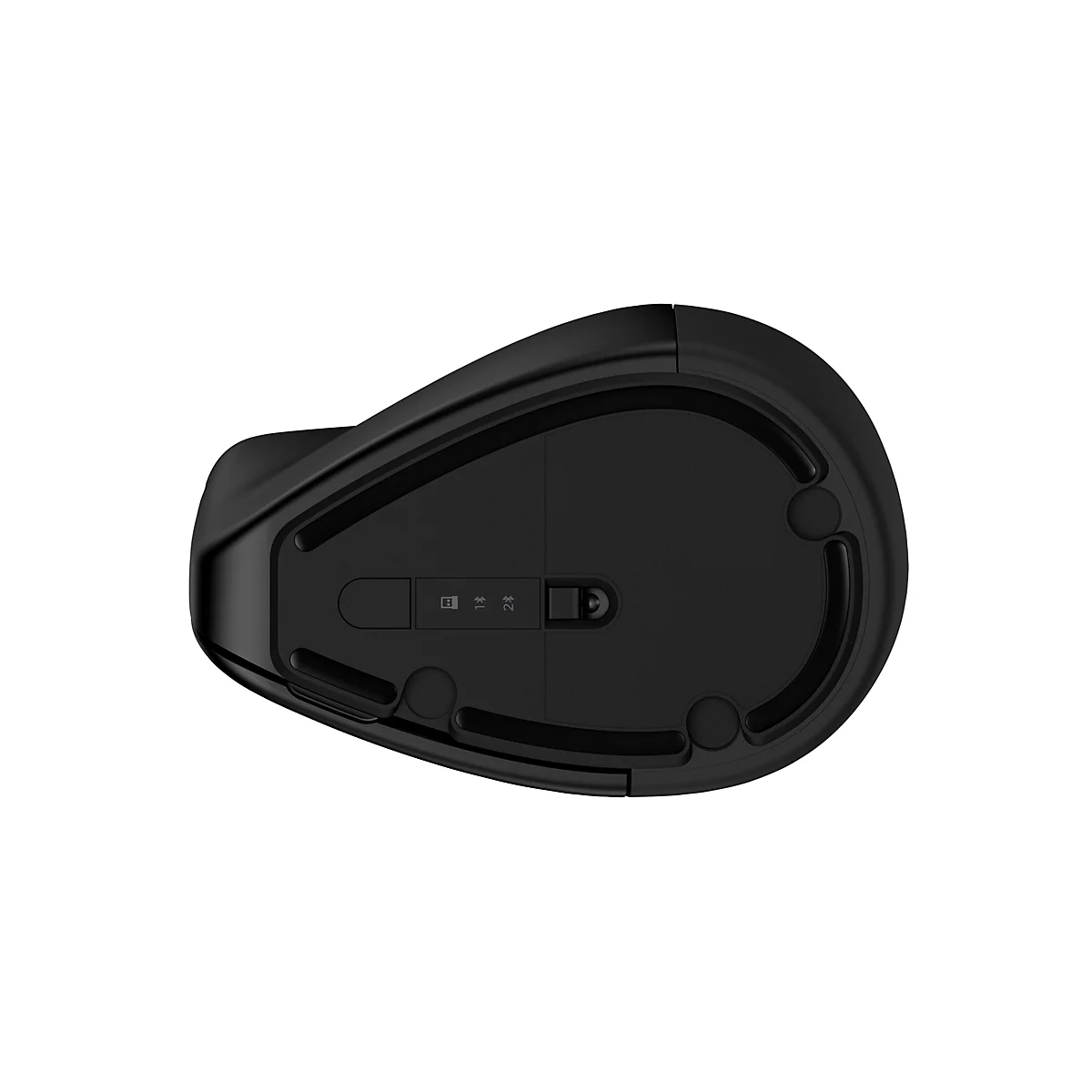 Unterseite einer schwarzen kabellosen Computermaus mit einem Schiebeschalter für USB- und Bluetooth-Verbindungen.