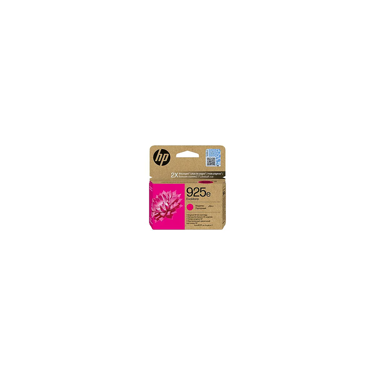Verpackung einer HP Tintenpatrone 925e in Magenta. Mit HP Logo, Produktbezeichnung, und einem QR-Code.