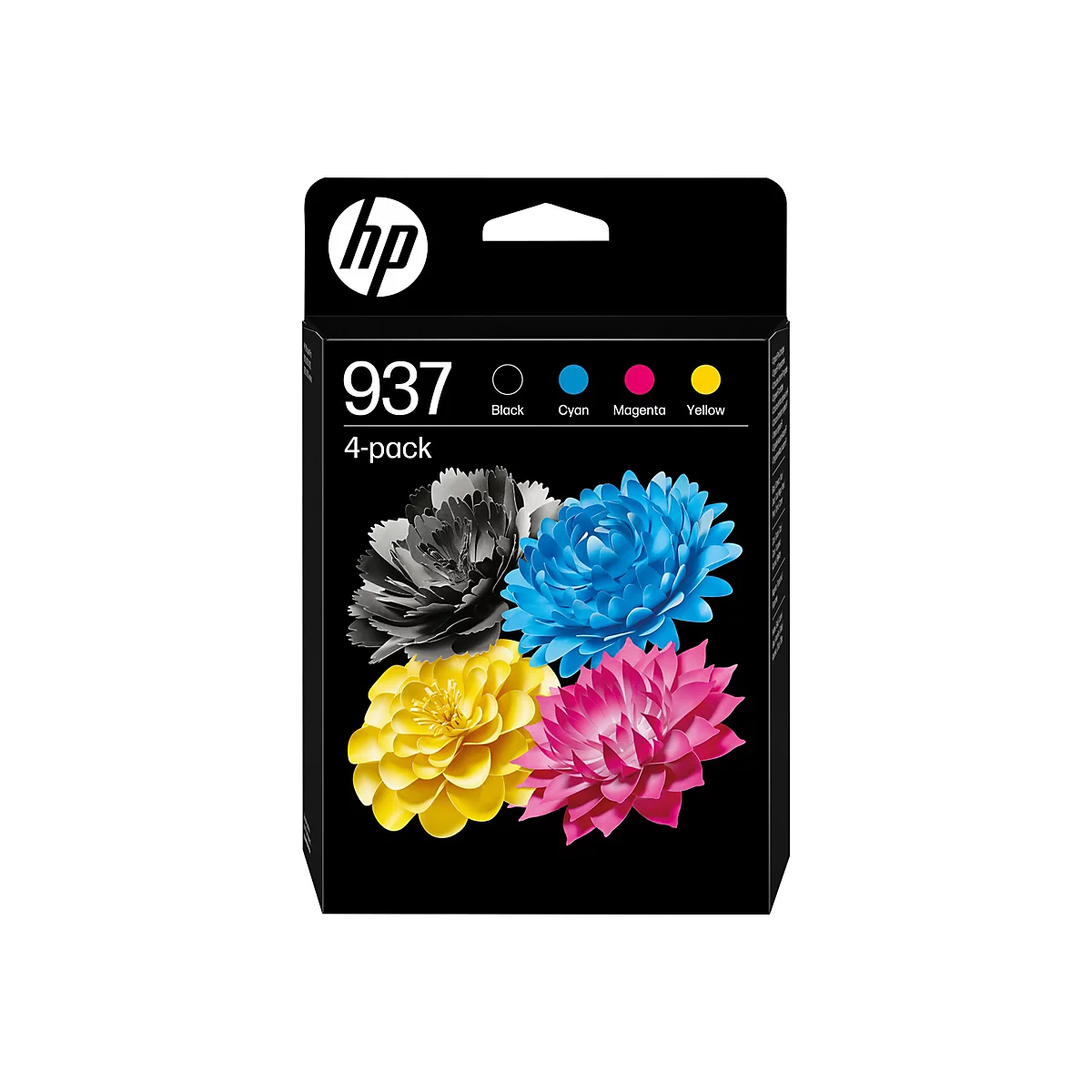 Schwarze HP Tintenpatronen-Verpackung mit bunten Blüten auf schwarzem Hintergrund. Aufdruck: 937, 4-Pack. Farben: Schwarz, Cyan, Magenta, Gelb.