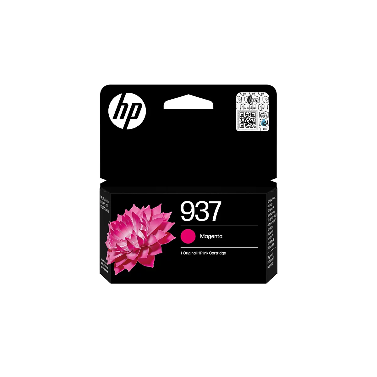 Une boîte de cartouche d'encre HP noire avec les chiffres 937 et le mot magenta. L'emballage présente un motif floral rose et le logo HP.