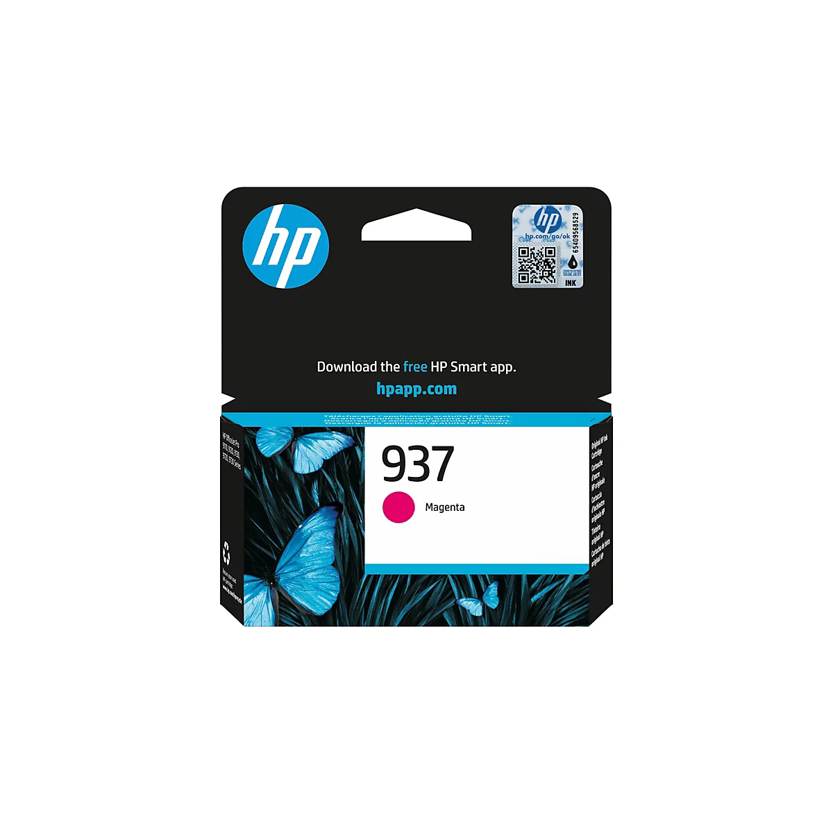 Une cartouche d'encre HP magenta. L'emballage présente des images de papillons. Logo de la marque HP.