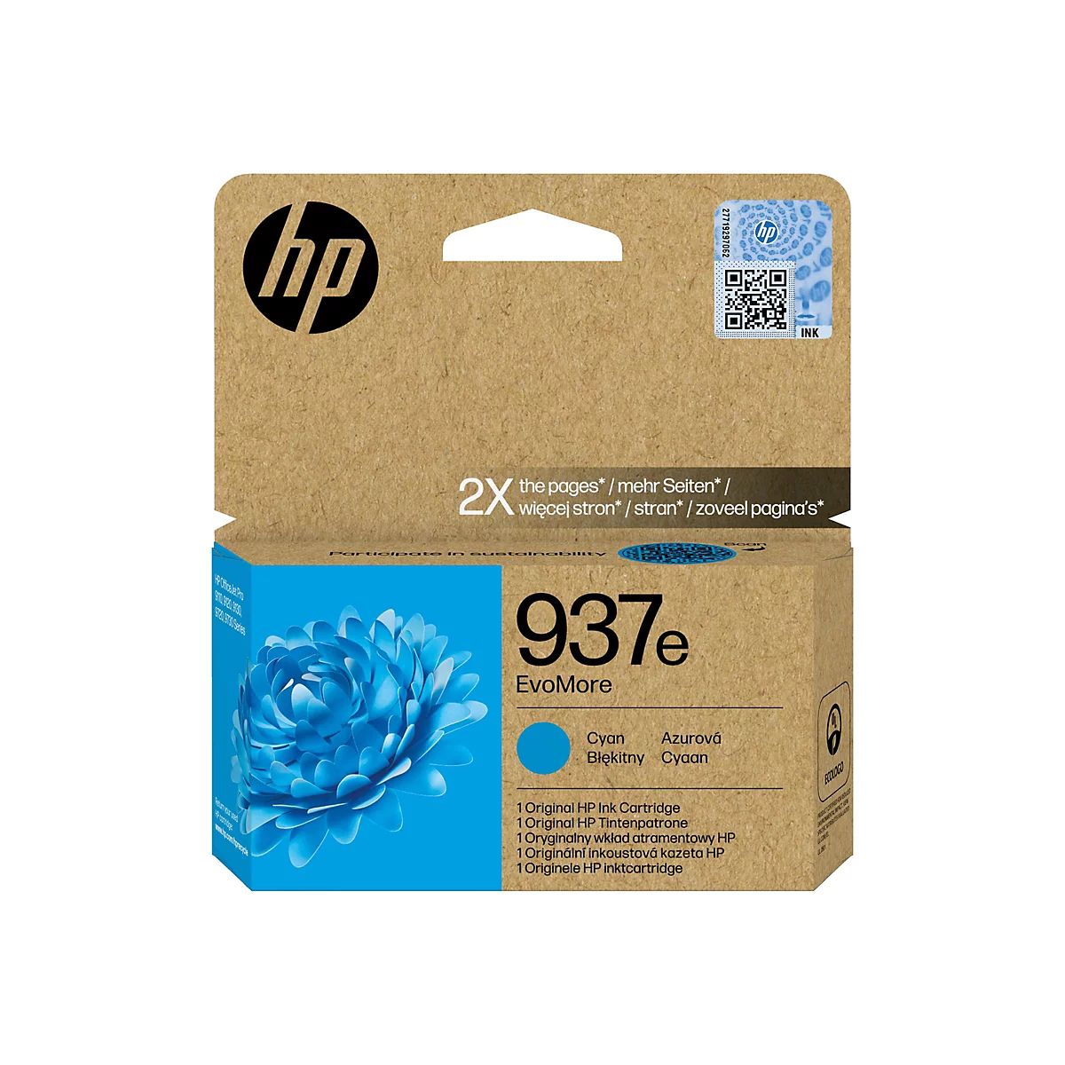 Eine HP Tintenpatrone in ihrer Verpackung, auf der das HP Logo und die Bezeichnung 937e sowie die Farbe Cyan zu sehen sind.