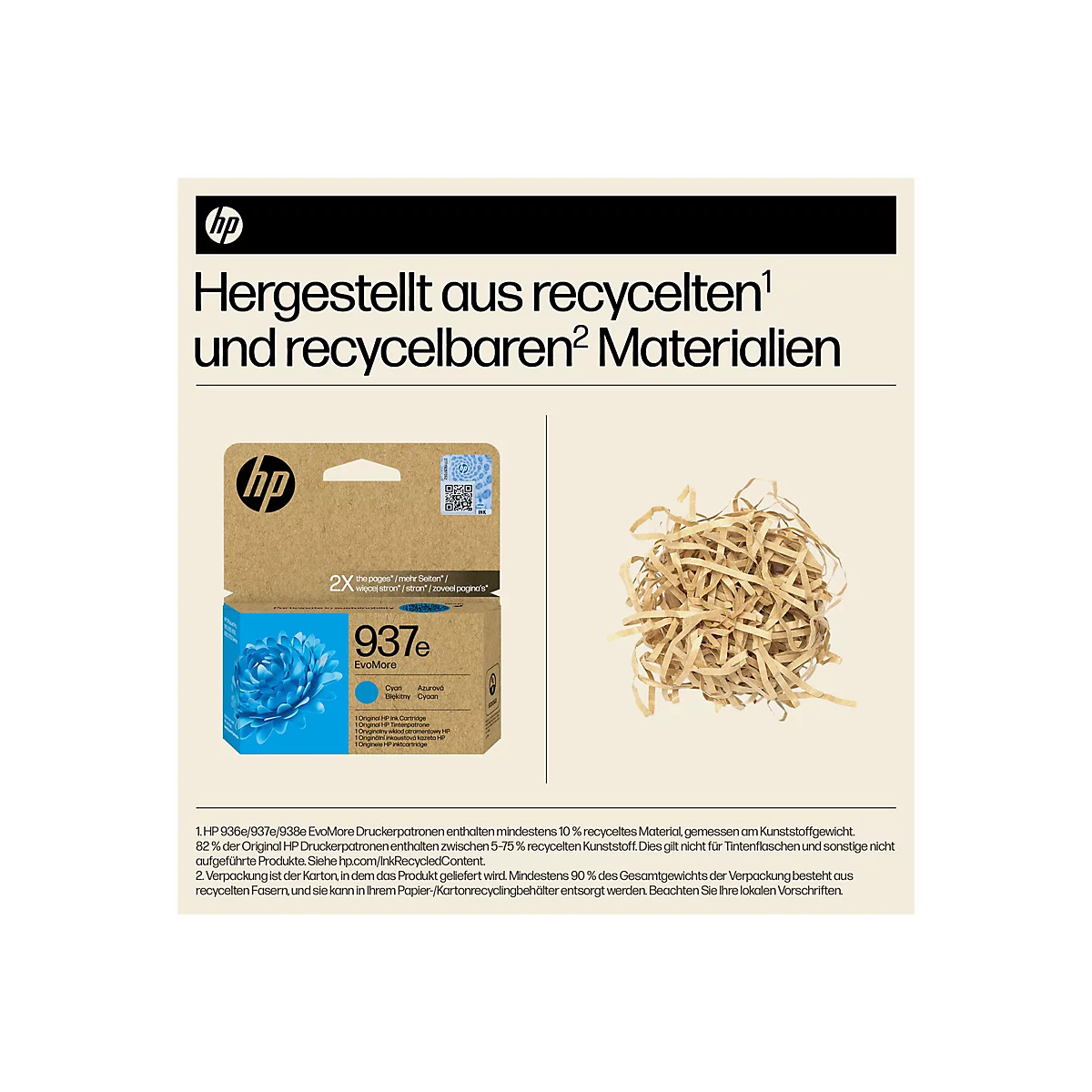 Auf hellbraunem Hintergrund sind eine HP-Tintenpatrone und zerknittertes Papier zu sehen. Darüber steht in schwarzer Schrift: 'Hergestellt aus recycelten und recycelbaren Materialien.'