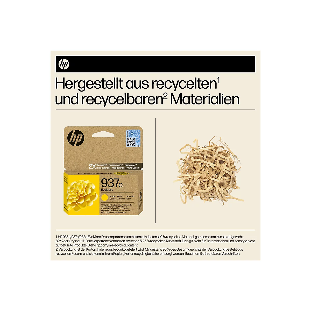 Gelbe HP 937e Tintenpatrone mit gelbem Blütenmuster, Text "Hergestellt aus recycelten und recycelbaren Materialien", daneben Papierfüllstoff.