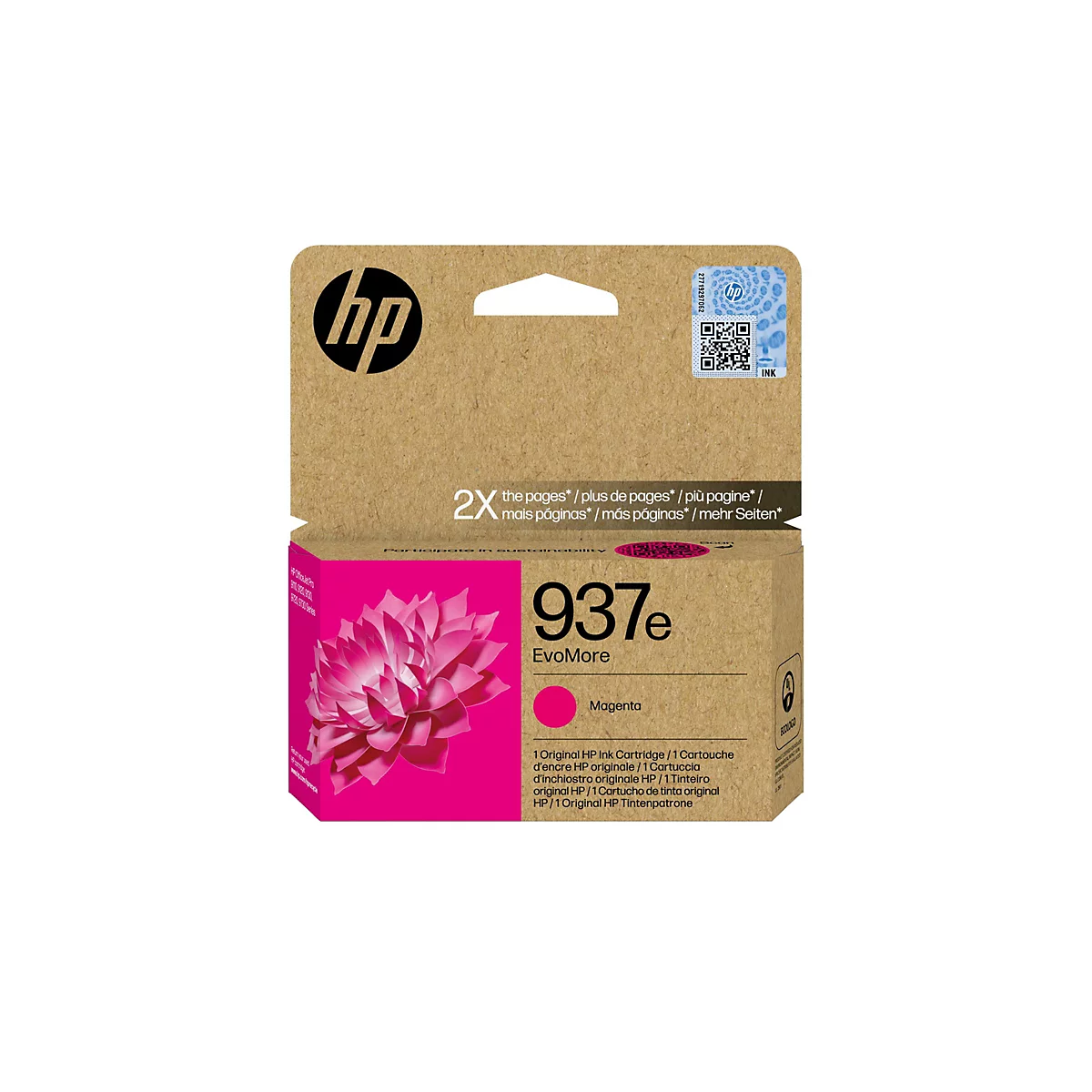 Une cartouche d'encre HP dans une boîte marron. L'avant montre le nom de la marque, le numéro de modèle et une fleur de couleur magenta. Texte imprimé en plusieurs langues.