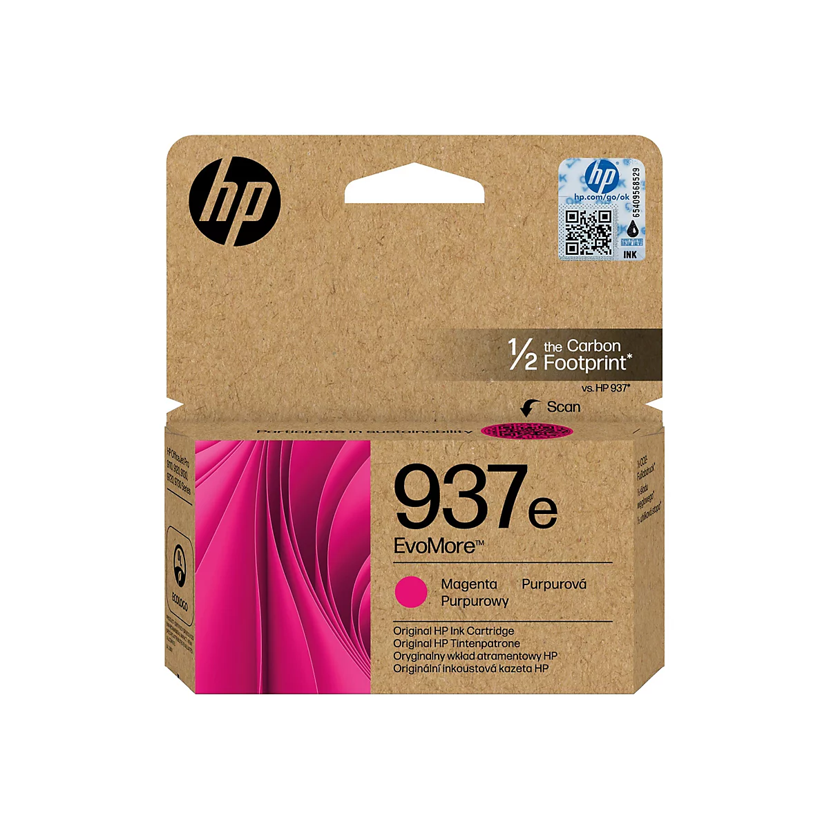 HP Tintenpatrone 937e. Karton in Braun- und Magentatönen. Die Verpackung zeigt das HP-Logo, Schriftzüge und ein Farbfleck-Symbol für Magenta.