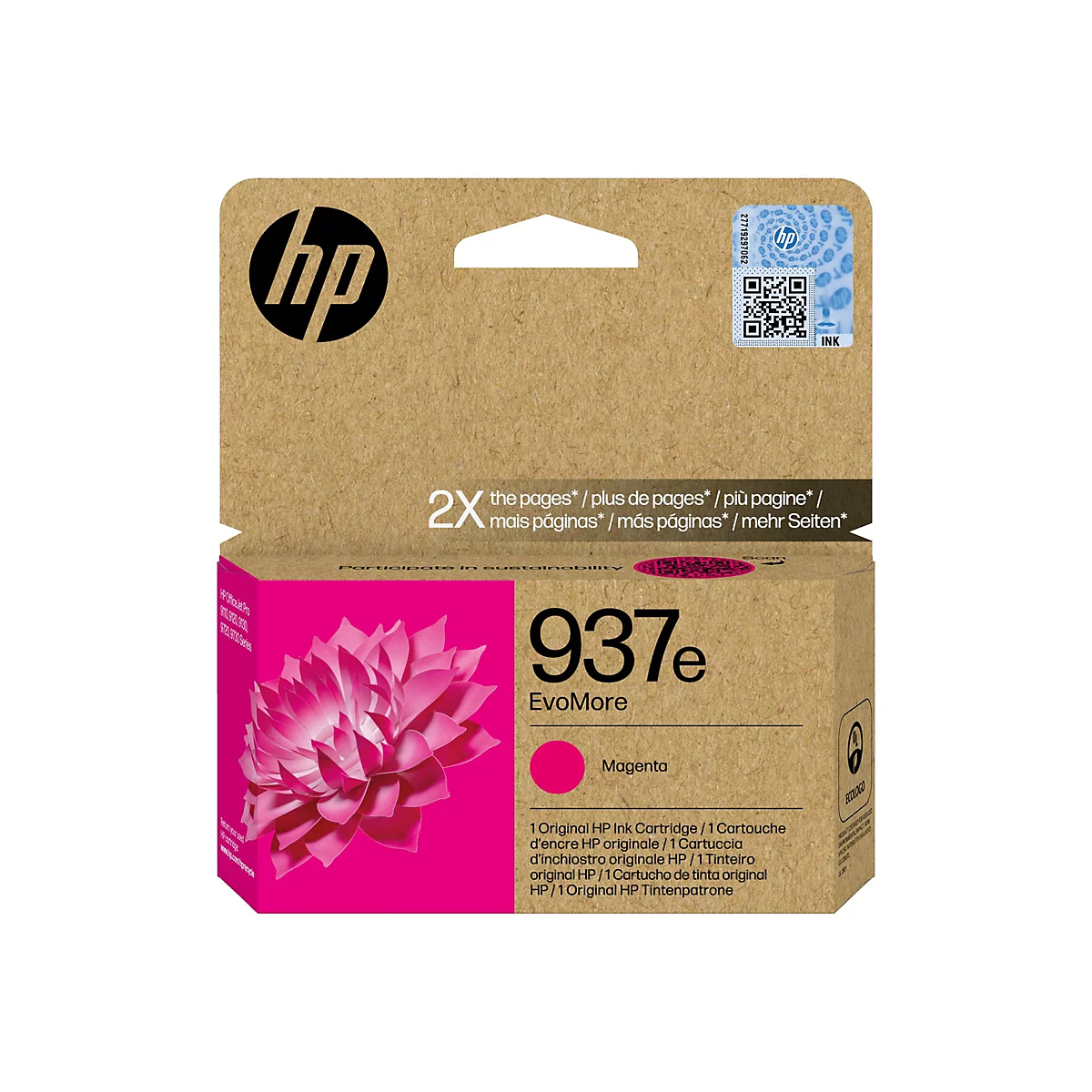 Eine HP Tintenpatrone in Magenta. Auf der Verpackung befindet sich das HP-Logo, die Produktbezeichnung 937e und der Hinweis "Magenta".