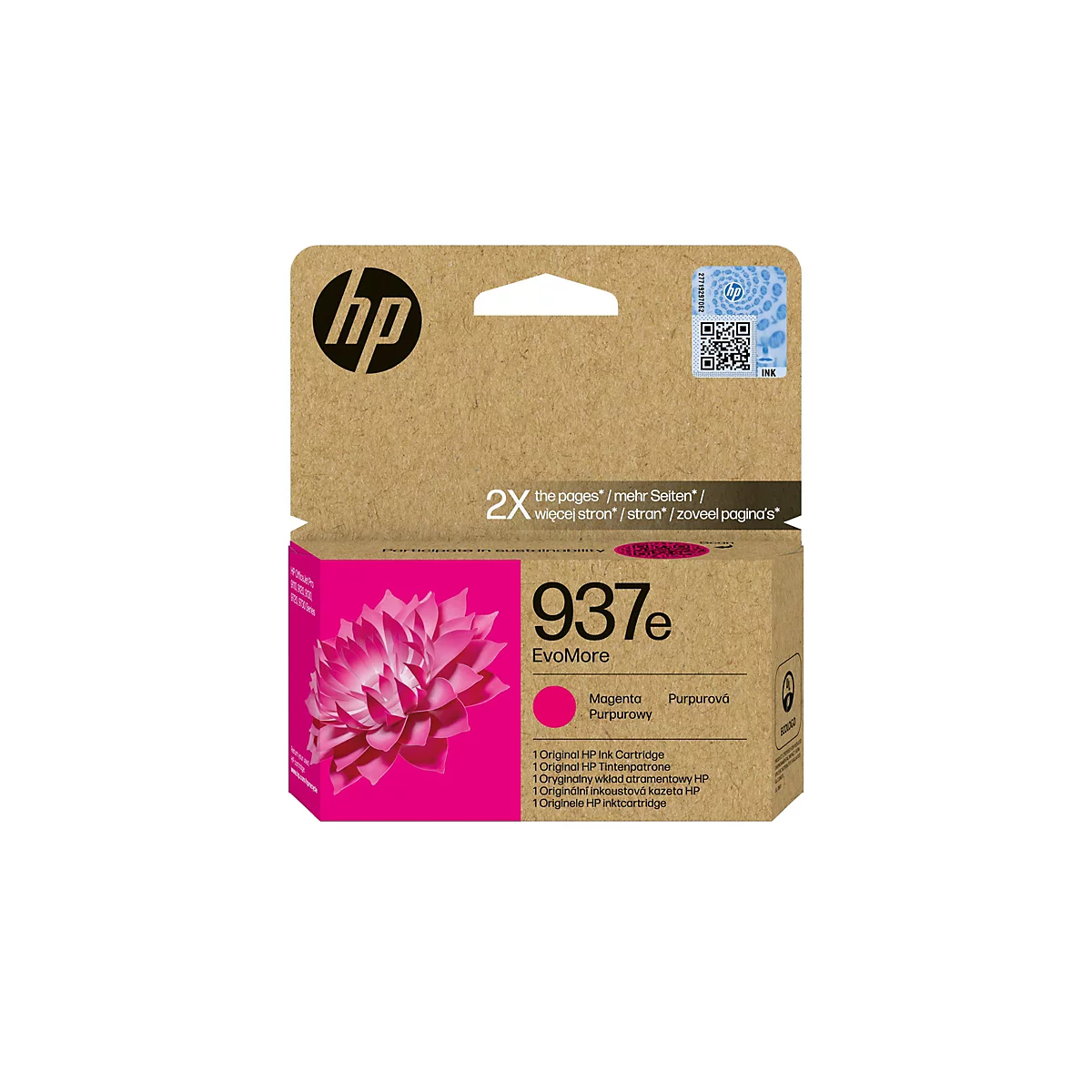 Une cartouche d'encre HP dans une boîte en carton. L'emballage présente le logo HP, les désignations de produits et une image d'une fleur rose.