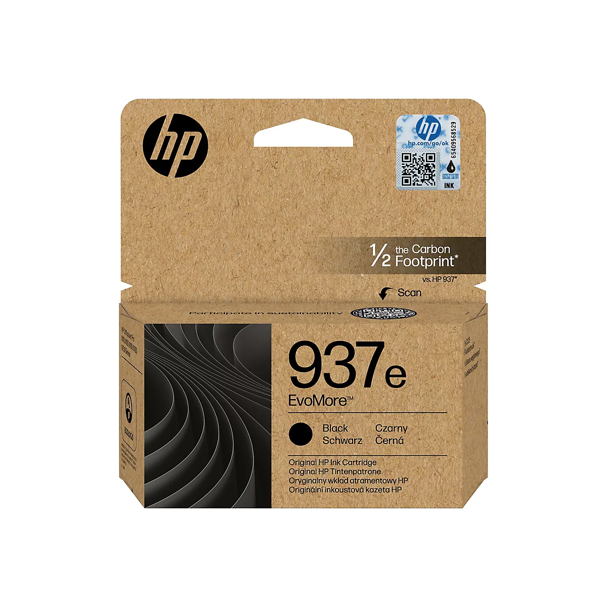 HP 937e EvoMore schwarze Tintenpatrone in umweltfreundlicher Kartonverpackung mit Logo und Modellnummer.