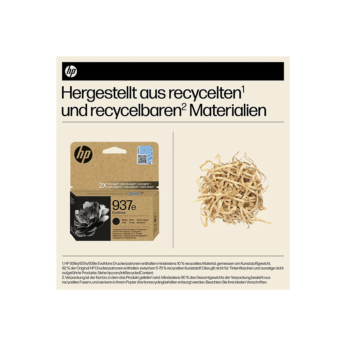 HP Tintenpatrone und Papierfüllmaterial. Auf hellbraunem Hintergrund. Text auf der Verpackung: Hergestellt aus recycelten und recycelbaren Materialien.