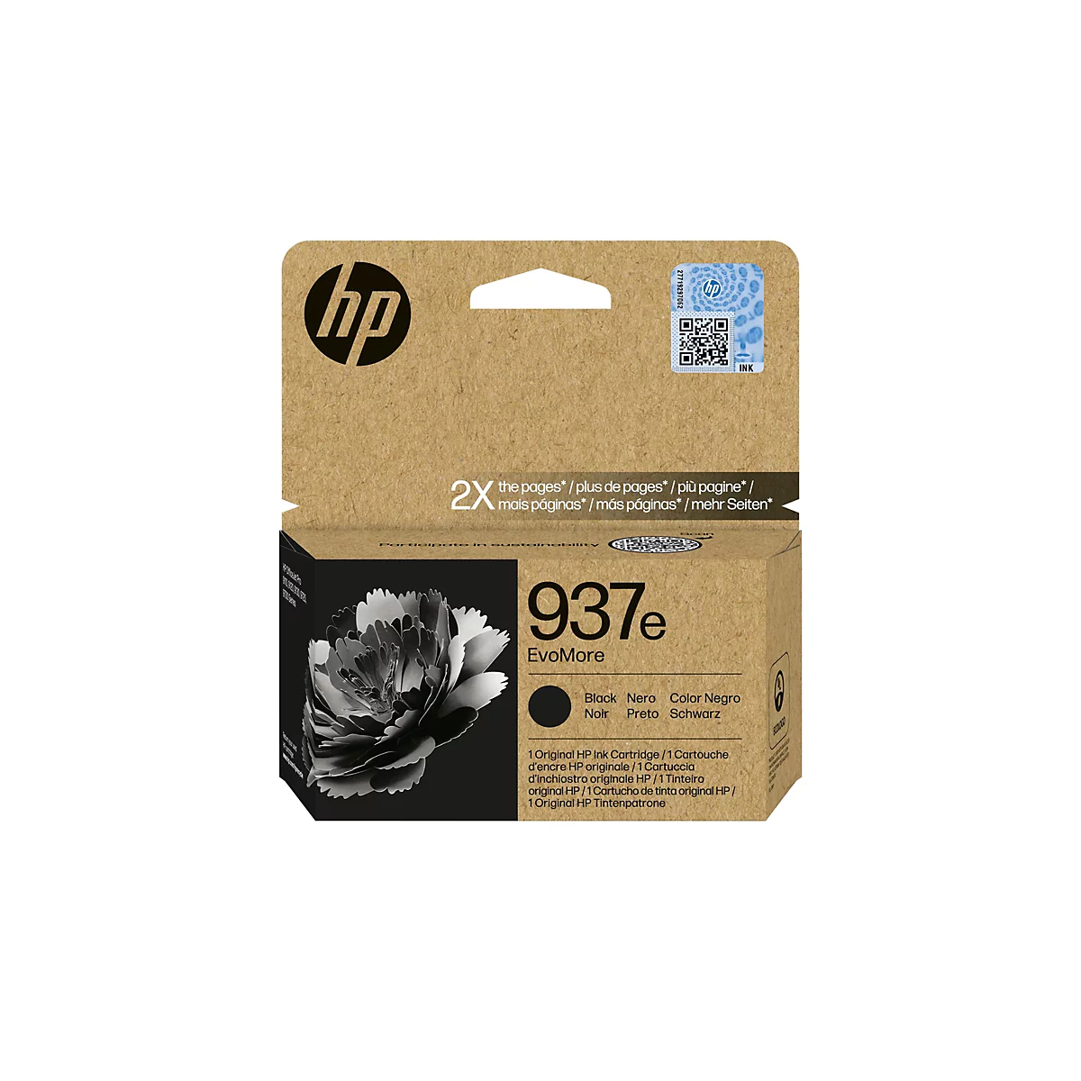 Schwarz-Weiß-Grafik einer Tintenpatrone von HP mit dem Logo HP und Produktangaben. Auf der Packung steht 937e.