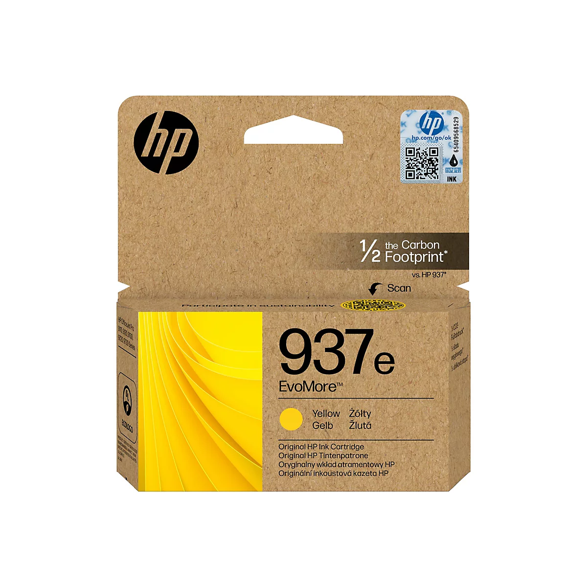 Une cartouche d'encre jaune HP dans un emballage marron avec le logo HP. L'emballage indique "937e" et "Yellow".