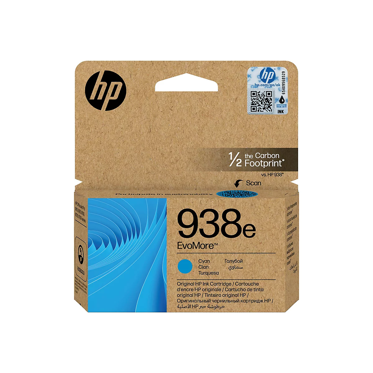 Eine Produktverpackung der Marke HP. Auf der Verpackung steht in Großbuchstaben "938e EvoMore" für eine Tintenpatrone in Cyan. Die Packung hat eine Aussparung in Form eines stilisierten Schlüssellochs.